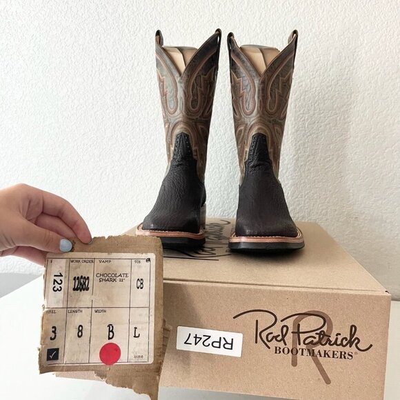 NEW Rod Patrick Mens Cowboy Boots 8B Dark Brown Shark Leather Western Square Toe - Picture 13 of 14